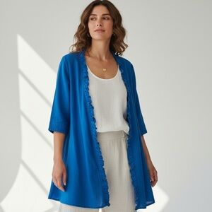 💥 Cotton Long Coverup Cardigan Large Beach Swimsuit Duster Ruffle Hem Breathable